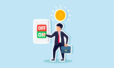 A businessman pressing the ON button to make shiny bitcoins, illustrating success in applying bitcoin investments to achieve good profits