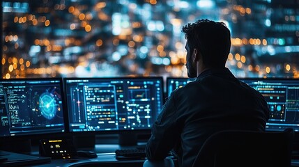 Aerospace engineer monitoring space mission data in a control room, surrounded by screens displaying orbital trajectories and spacecraft telemetry.