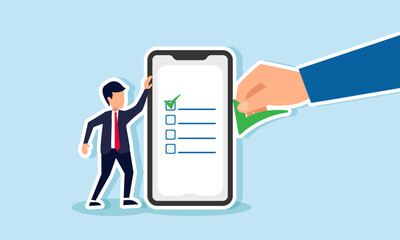 A businessman holding a smartphone displaying a data list, with a hand bringing a checklist to place on smartphone screen, illustrating third-party assistance in completing business tasks