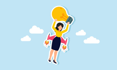 A businesswoman carrying a lamp using a rocket to fly into the sky, illustrating the boost of ideas and innovations to keep the business model relevant to market trends