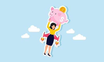 A businesswoman carrying a piggy bank using a rocket to fly into the sky, illustrating the boost in enhancing investment assets to achieve good profits