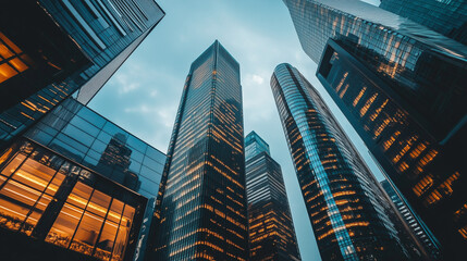 Obraz premium Tall glass skyscrapers rising into the sky with warm interior lighting against an evening sky