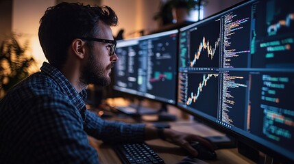 Blockchain engineer working with distributed networks, visualizing data flows and transaction validation on multiple monitors