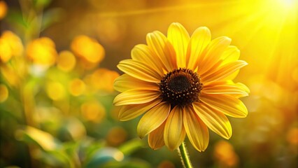 Obraz premium Bright yellow petals unfolding from a green stem with dark brown center, set against a warm sunny background, yellow, bloom, nature