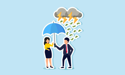 A businessman offers an umbrella to a businesswoman to shield her from a storm of money, illustrating protecting a business partner from the temptation of corruption