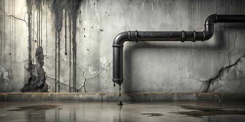 Black liquid drips from a cracked pipe in a deserted room with bare walls, leaky pipe, empty space, broken faucet, water leak, isolated location