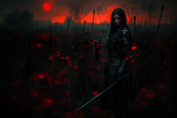 Medieval warrior girl with a bloodied face in heavy armor holding a sword on a poppy flower battlefield background.