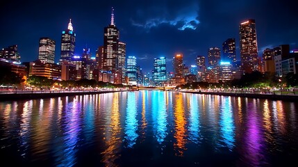 Fototapeta premium Breathtaking City Skyline at Night with Reflections