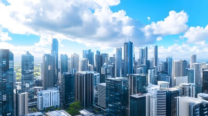 Fototapeta premium Stunning aerial view of modern city skyline with blue sky