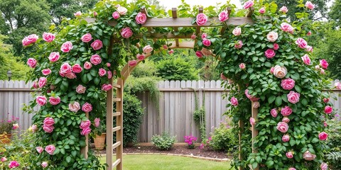 Fototapeta premium Arched trellis covered in vibrant climbing roses in a garden setting, garden, decor
