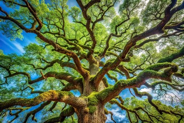 Obraz premium An oak tree's gnarled branches stretch towards the sky with vines and moss growing in the gaps, oak tree branches, woodland scene