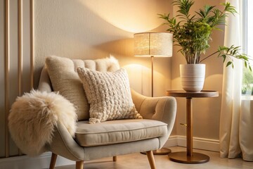Soft Beige Wall Chair with Cushion in Cozy Corner - Panoramic Photography of Stylish Interior Design, Minimalist Decor, Home Comfort, and Relaxation Space Ideas