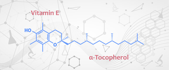alpha-Tocopherol, Vitamin E chemical formula and skeletal structure. A type of vitamin E preferentially absorbed and accumulated in humans. Food additive E307, dietary supplement.