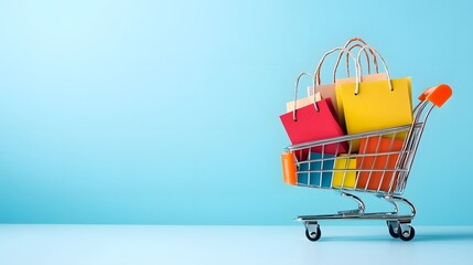 Colorful shopping experience with cart full of bags