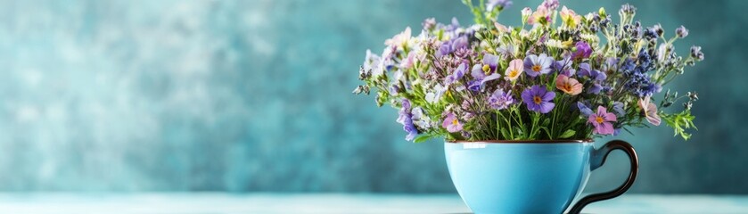 A vibrant bouquet of flowers arranged in a blue cup against a soft background.