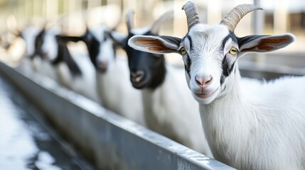 Obraz premium Goats lined up for milking in a modern, clean dairy facility