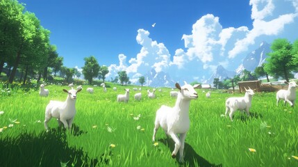 Happy goats roaming in a green pasture under blue skies, enjoying a sunny day