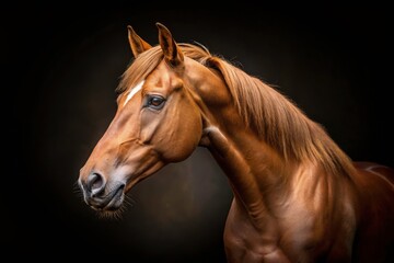 Obraz premium Stunning Brown Horse Head Portrait on Black Background, Majestic Equine Beauty, Animal Photography, Horse Lovers, Detailed Features, High Contrast, Elegant Design, Artistic Pet Photography