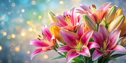 Fototapeta premium Stunning Closeup of a Bouquet of Lilies with Bokeh Effect on a Gray Background for Floral and Nature Photography Enthusiasts