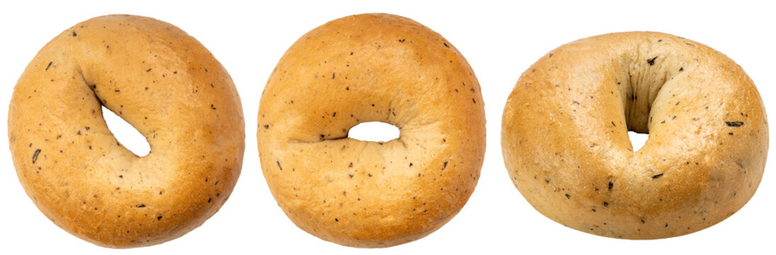 3 types of Homemade Bagel or Plain Beigel on white background, Begel bakery isolate on white PNG File.