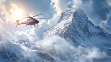 A rescue helicopter approaching a mountain peak during a snowstorm,