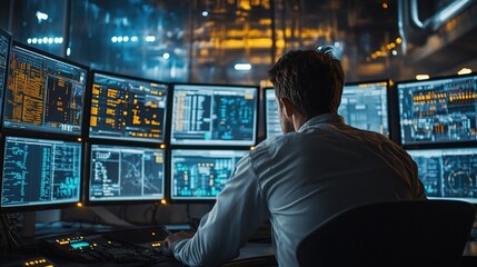Engineer troubleshooting network issues in a high-tech control room, with real-time diagnostics displayed on multiple monitors