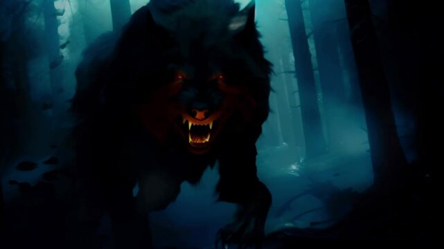 A fearsome werewolf snarls and bares its sharp teeth under the moonlight in a dark, shadowy forest, ready to attack