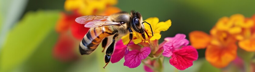 A close-up of a bee pollinating vibrant flowers in a natural setting.