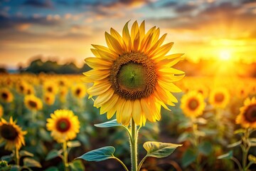 Obraz premium A vibrant sunflower standing tall amidst a field of golden hues with dark centers and subtle texture, field, flower