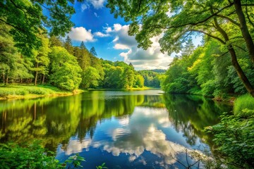 A tranquil forest lake with surrounding trees and lush greenery, reflective, still