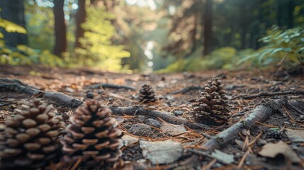 Close-up view of forest path with cones and roots, low angle in natural scenery with blurred background. Shallow depth of field in park, environmental context.