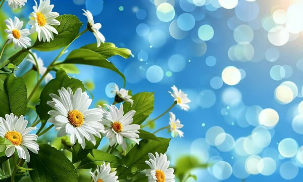 Spring background with white daisies and green leaves on blue sky vector illustration, flat design,