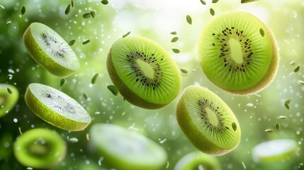 Fresh Kiwi Fruit Slices Falling in Air  Green Background  3D Render