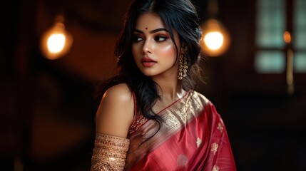 Fototapeta premium A stunning Indian actress in a traditional sari, posing