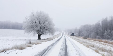 A serene snow-covered road leading through a winter wonderland with a lone tree in the background, white, snowy