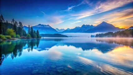Fototapeta premium A serene blue lake at sunset with surrounding mountains and misty atmosphere, natural beauty scene, landscape photography, water body, misty air, natural scenery