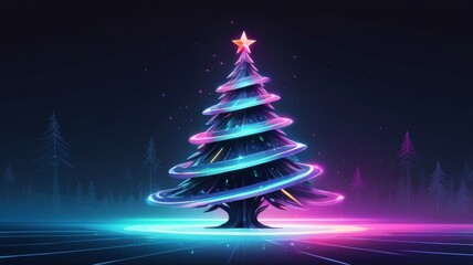 Digital Christmas tree with neon lights on a dark, atmospheric background