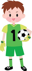 A boy goalkeeper wearing green jerseys holding a soccer ball. Vector Illustration