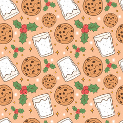 Fototapeta premium Festive Holiday Pattern with Milk, Cookies, and Holly