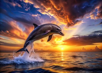 Fototapeta premium Young Dolphin Jumping at Sunset for World Aquatic Animal Day - Stunning Macro Photography of Marine Life in Vibrant Colors