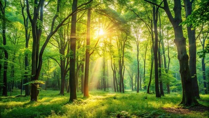 Obraz premium A lush forest bathed in soft dappled sunlight filtering through the trees on a warm summer day, forest, sunbeams