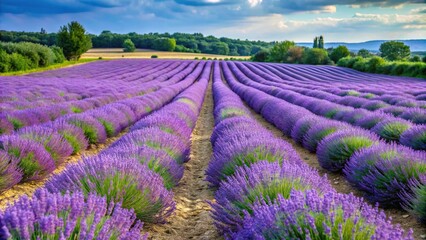 Fototapeta premium A lavender farm with rows of lavender plants in the foreground, rural, lavender farm, flowers, countryside, agriculture