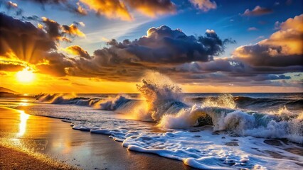 Obraz premium A dramatic beach scene at sunset with waves crashing against the shore and sea spray in the air, shoreline, horizon