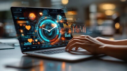 Data mastery: laptop centered workspace showcases efficient file management, task planning, time control, role of modern tools in data visualization and technology driven organization.