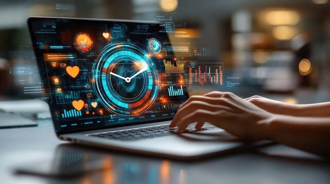 Data mastery: laptop centered workspace showcases efficient file management, task planning, time control, role of modern tools in data visualization and technology driven organization.