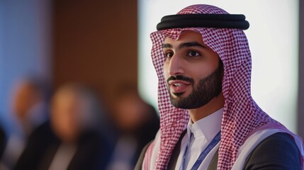 An Arab businessman in traditional attire speaking at a global conference, 