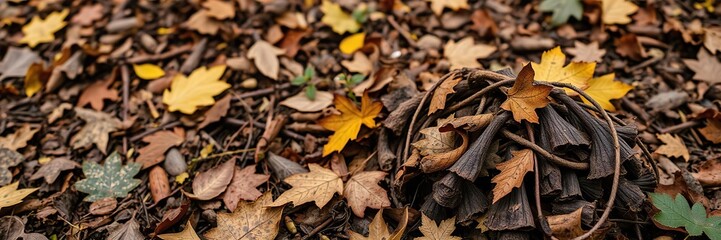 Fototapeta premium A close-up shot of a large pile of colorful autumn tree leaves in a forest setting, organic, ground, decay