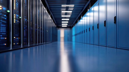 Fototapeta premium Server room corridor with blue lighting and cabinets, high-tech environment.