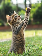 A playful kitten reaching for a butterfly in a grassy outdoor setting.