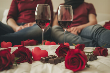 Happy homosexual male couple celebrating love and valentine's day with wine, heart shaped balloons and chocolate. High quality photo